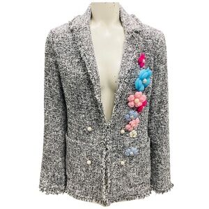 EDWARD ACHOUR BLACK / WHITE FRINGED TWEED JACKET WITH FLORAL APPLIQUE